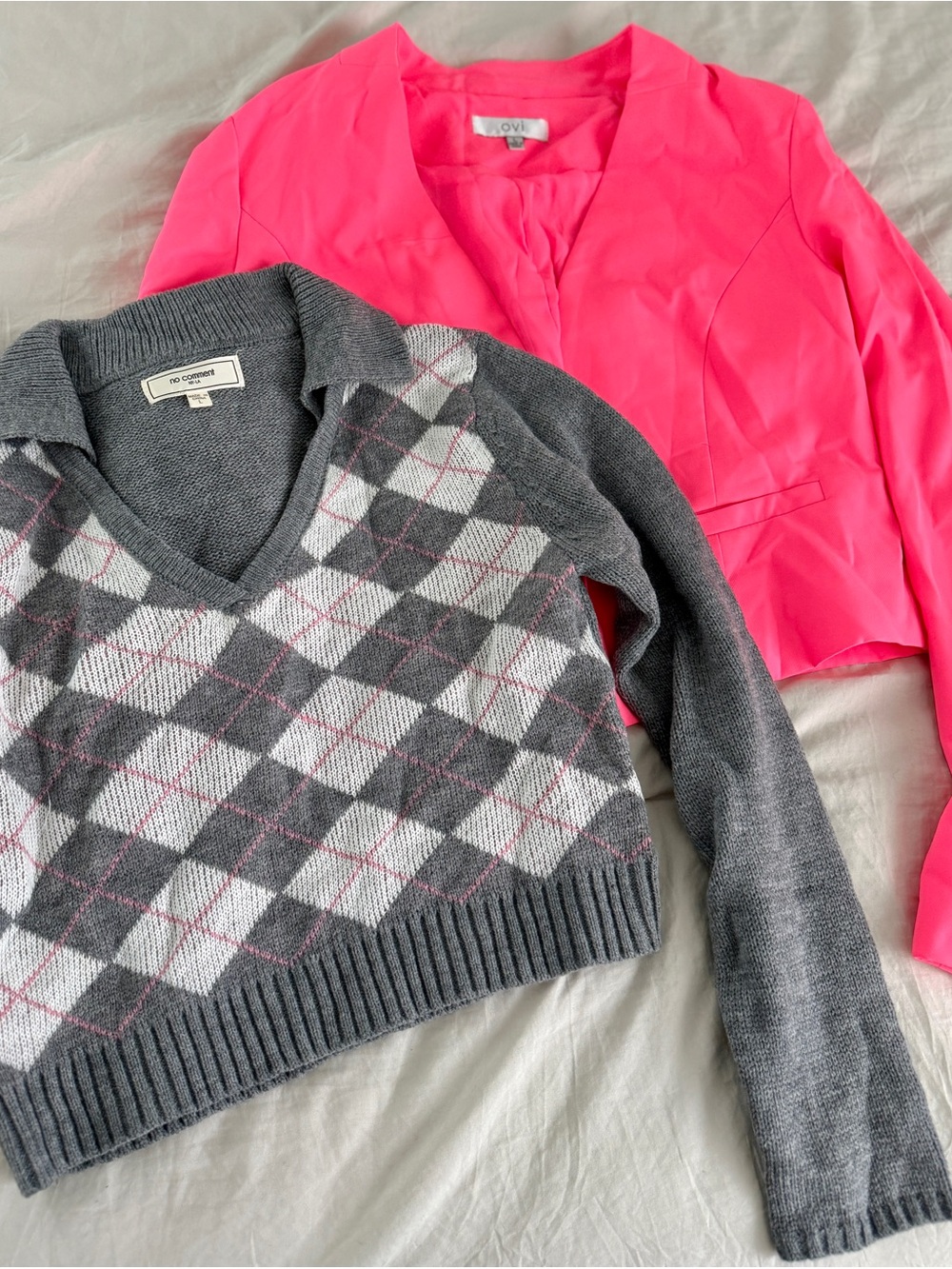 Gray V‑Neck Sweater - Gray with Pink Accents and Hot Pink Slightly Padded Jacket